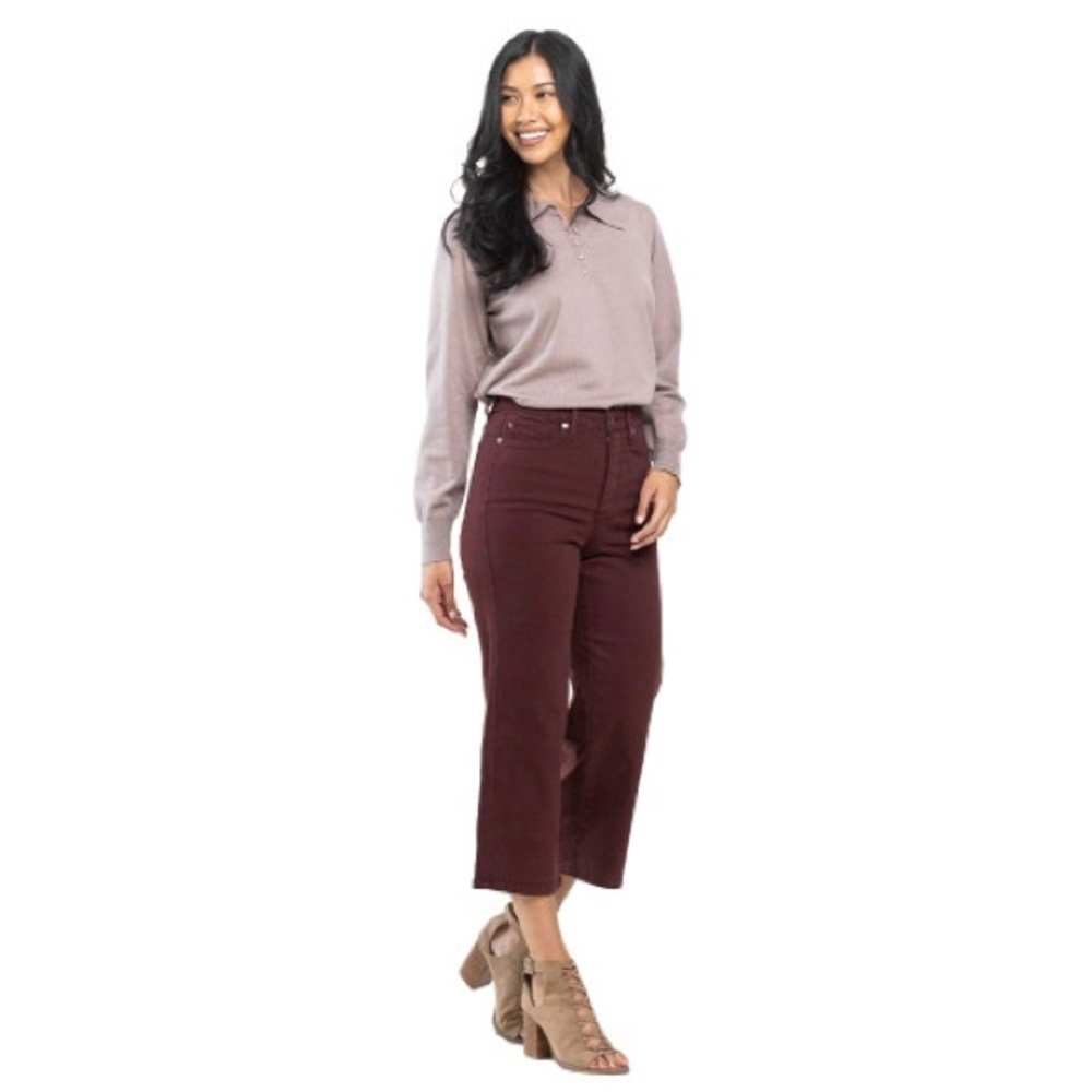 JUDY BLUE Tummy Control High Waist Wide Crop Oxblood Burgundy‎ Plum Sz 16 Casual